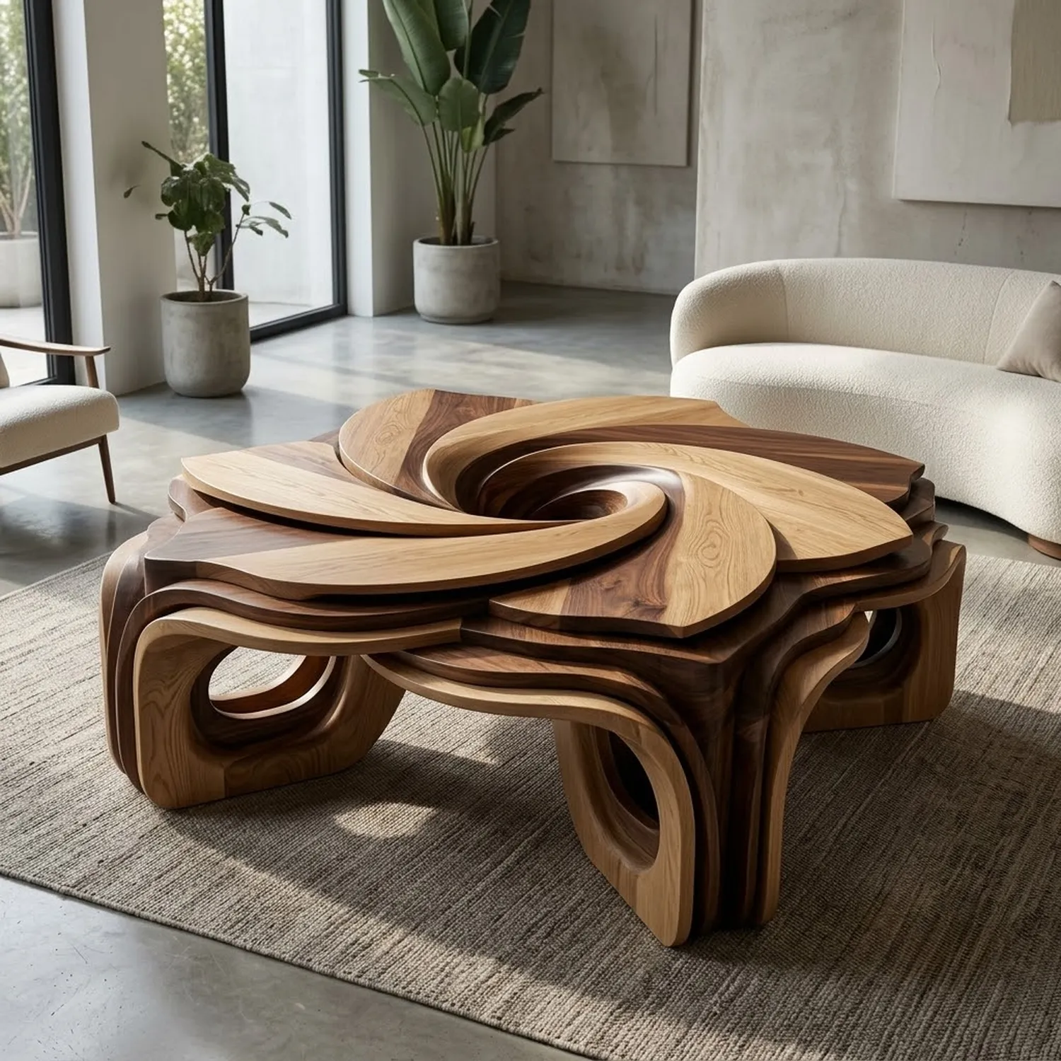 Wood Spiral Bloom Coffee Table Natural Home Style Unique Artisan Design