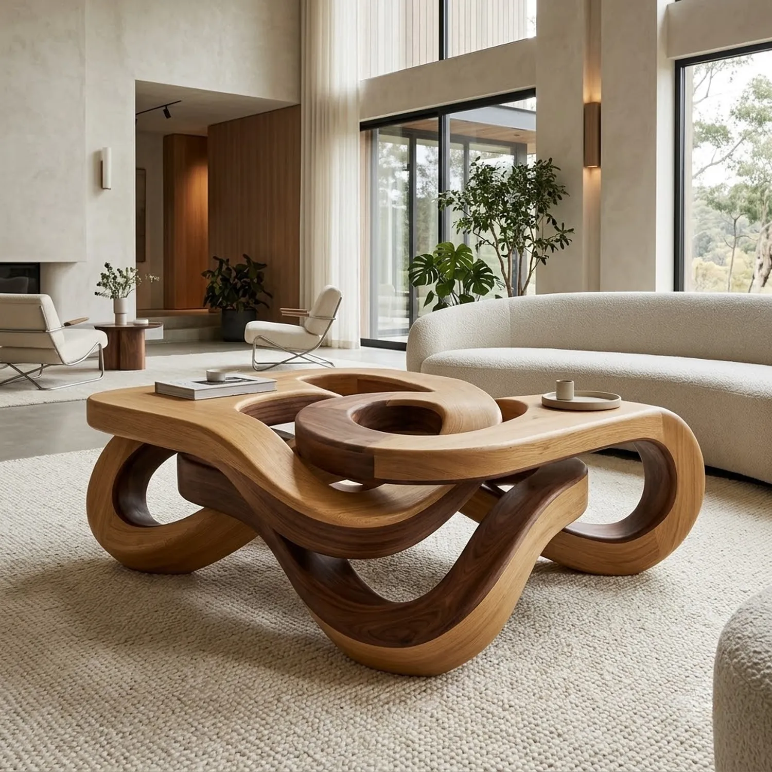 Wood Celestial Knot Coffee Table Modern Minimalist Fluid Line Living Room Styling